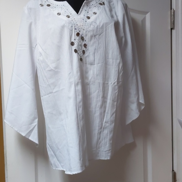 White v neck blouse with embroidery and sequin pat - Picture 1 of 7
